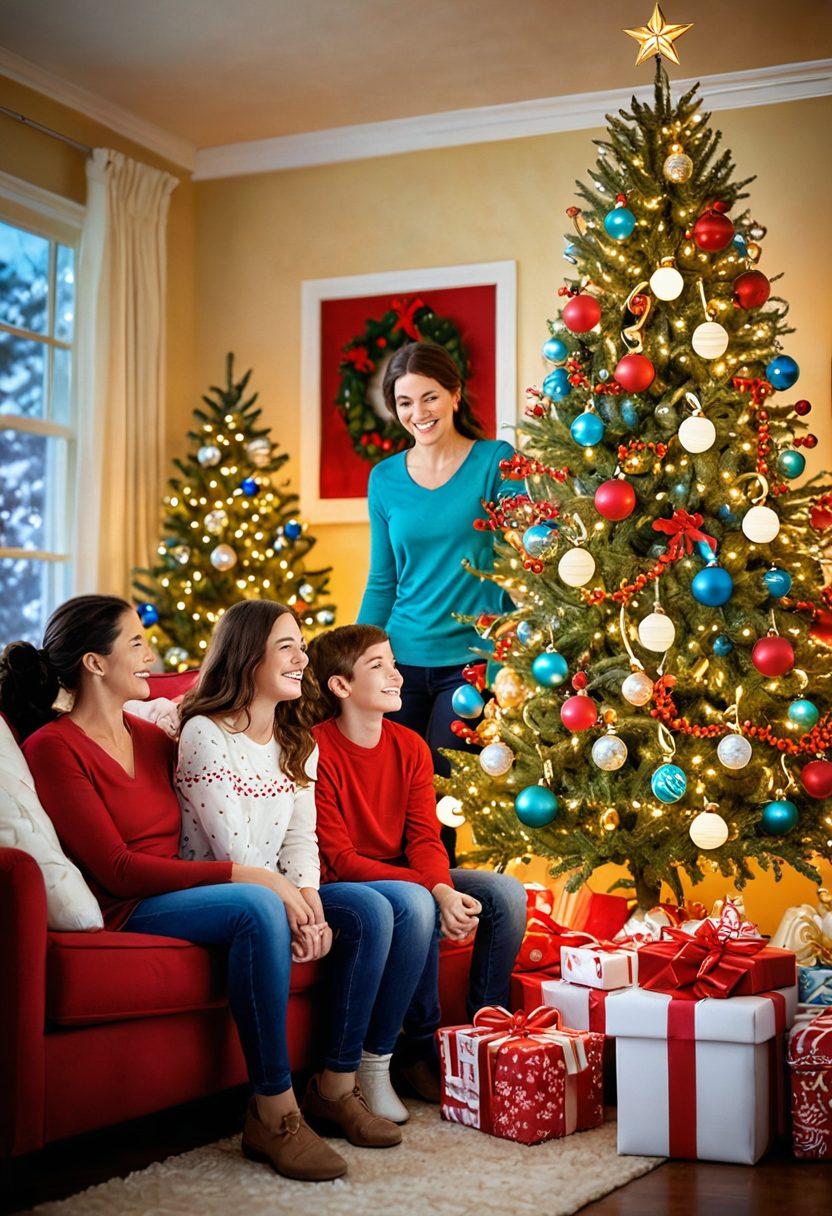 A whimsical scene featuring a cozy living room adorned with colorful festive decorations like twinkling lights, vibrant streamers, and cheerful ornaments. Include a joyful family setting, laughter captured in their expressions while they decorate a Christmas tree. Bright, playful colors enhance the festive atmosphere, conveying warmth and happiness. whimsical art style. vibrant colors. soft-focus.