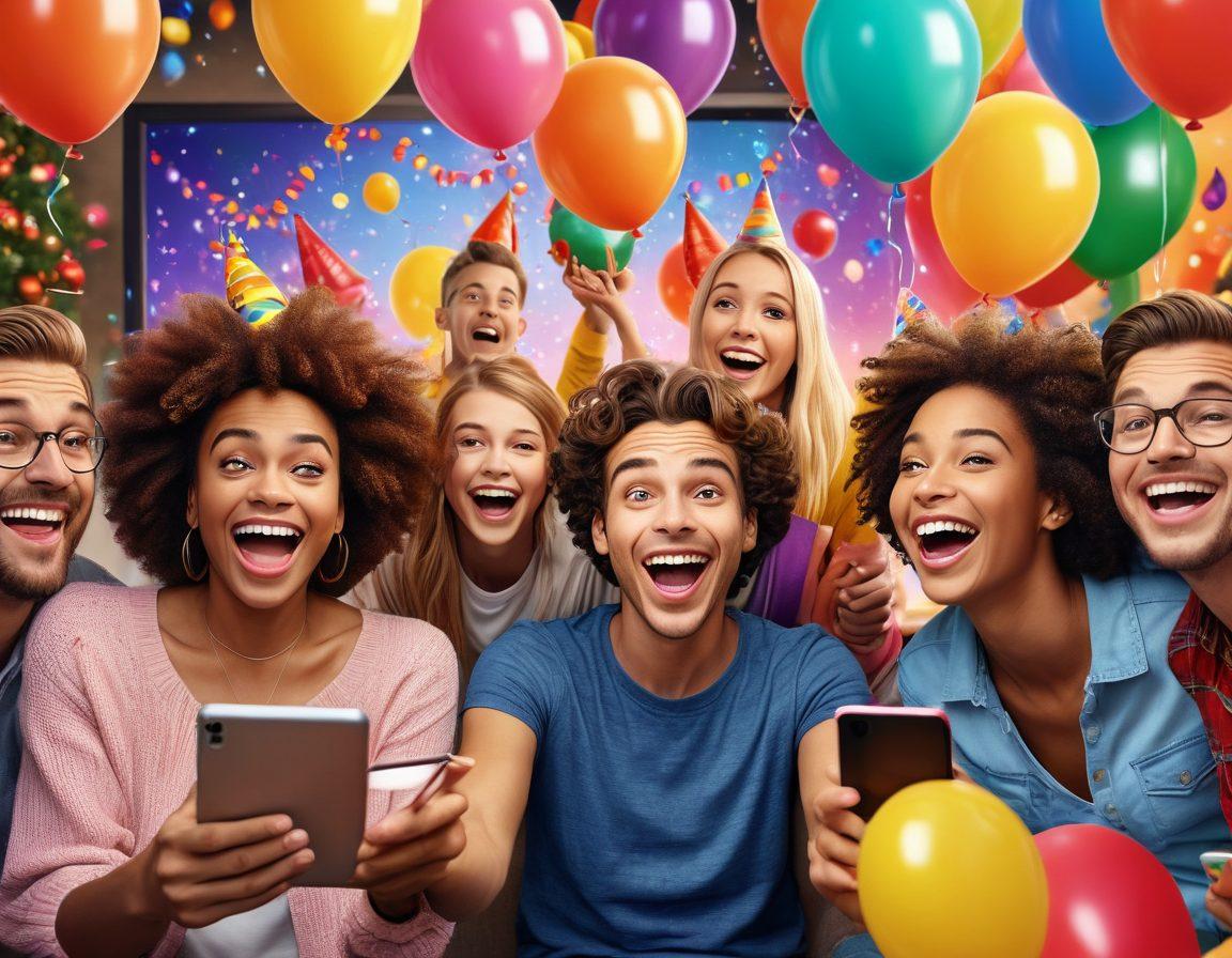 A vibrant collage showcasing diverse online entertainment options like streaming movies, virtual games, and live virtual parties. Include joyful people of different ages engaging with their devices, surrounded by festive decorations like balloons and streamers. The background features a digital screen displaying a countdown clock for a celebration. Bright colors to emphasize excitement and fun. super-realistic. vibrant colors. 3D.