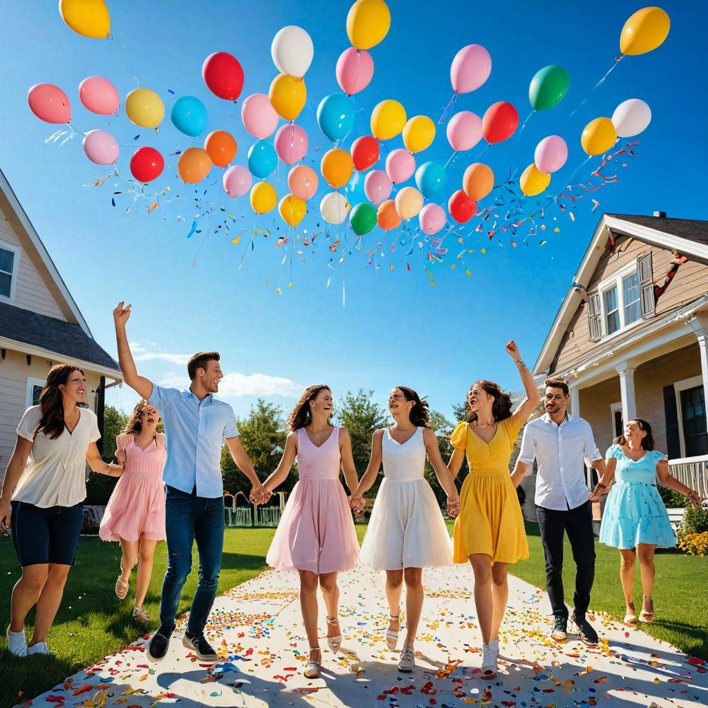 A whimsical scene featuring colorful balloons of various shapes and sizes floating in a bright blue sky, with a joyful party setup below that includes streamers, confetti, and an online entertainment screen displaying a festive virtual gathering. Encapsulate a sense of celebration and happiness, with children playing and adults laughing. pastel colors. vibrant. cheerful atmosphere.